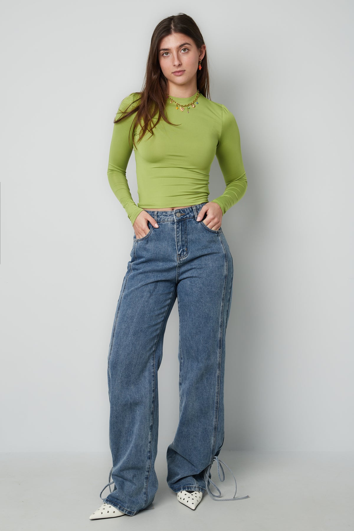 Cotton Woven Vrouwen Rechte Jeans Casual Knopen Detail