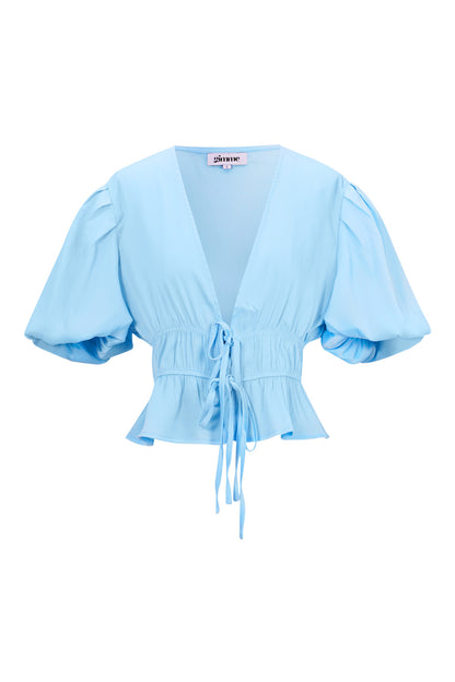 Polyester Vrouwen Korte Mouw Top Puff Sleeve Tie Waist