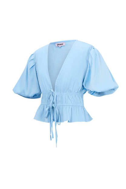 Polyester Vrouwen Korte Mouw Top Puff Sleeve Tie Waist
