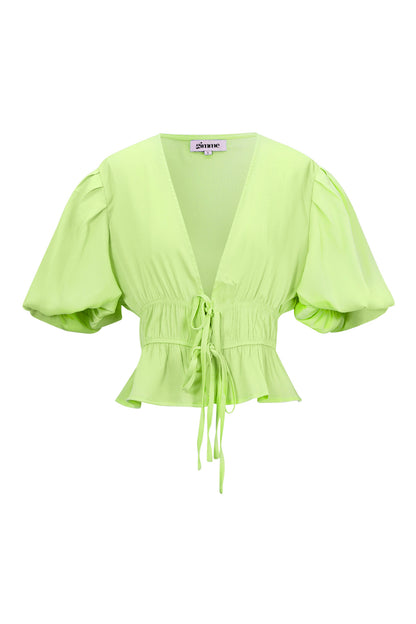 Polyester Vrouwen Korte Mouw Top Puff Sleeve Tie Waist