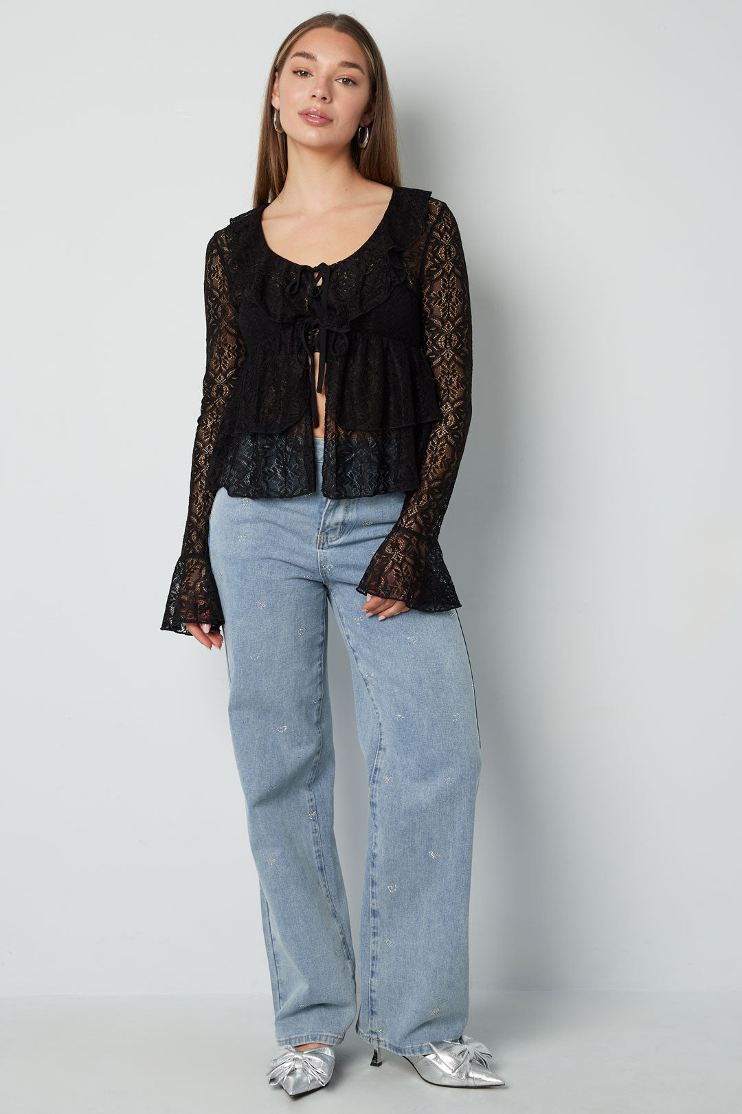 Geweven kant Dames Lange Mouwen Top Elegante Ruches