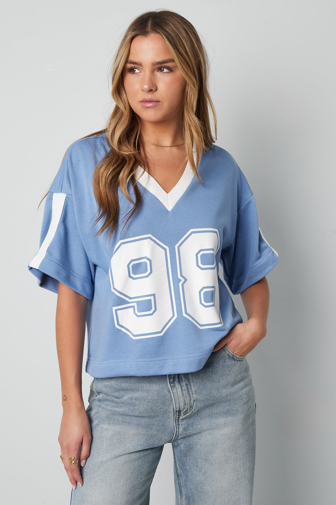 Gebreide Katoen Vrouwen V-hals T-shirt Sportief Kleurcontrast