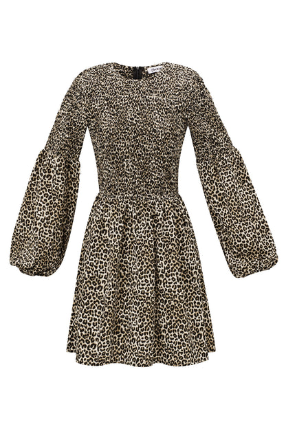 Polyester Vrouwen Mini Jurk Luipaardprint Puff Mouw