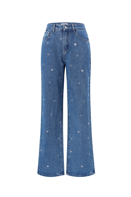 Cotton Woven Vrouwen Rechte Jeans Hart Borduurwerk Casual