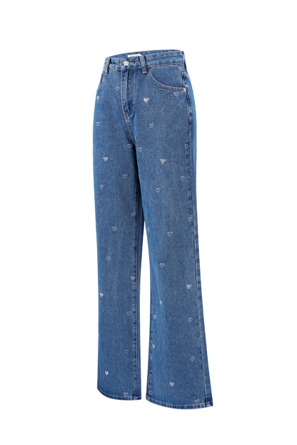 Cotton Woven Vrouwen Rechte Jeans Hart Borduurwerk Casual