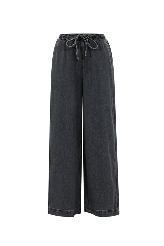Geweven Katoen Vrouwen Wide Leg Jeans Sporty Solide Kleur