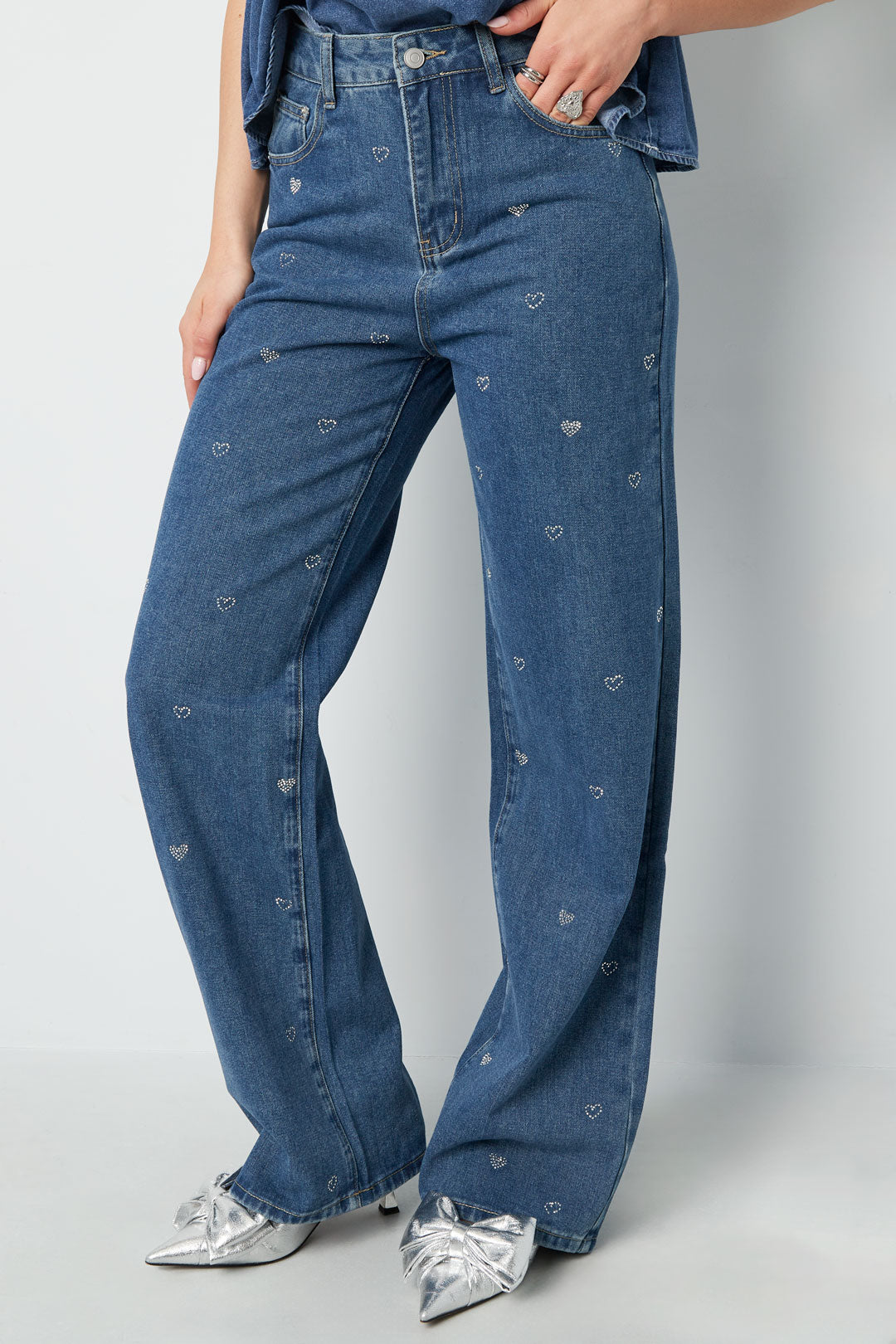 Cotton Woven Vrouwen Rechte Jeans Hart Borduurwerk Casual
