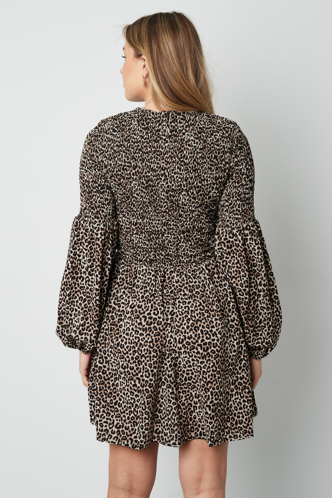Polyester Vrouwen Mini Jurk Luipaardprint Puff Mouw