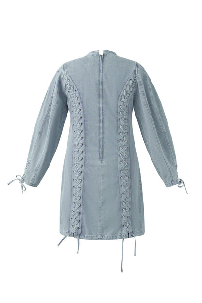 Cotton Woven Denim Dress Elegant Tie-up Solid Color